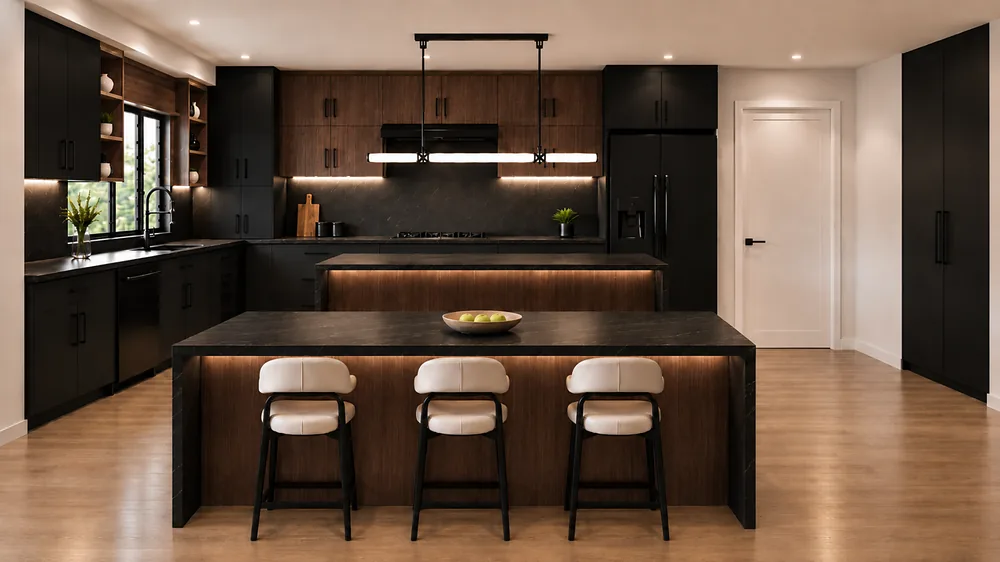 The penthouse chef's kitchen with a waterfall island · Rustic Burgundy