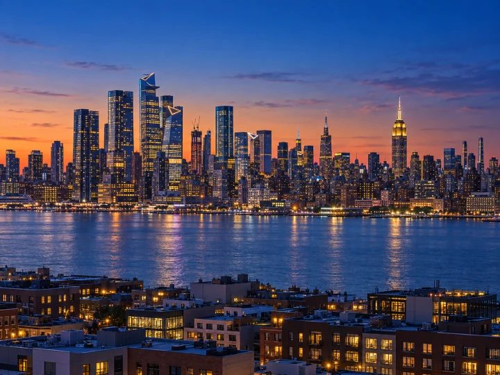AI recreation of the illuminated Midtown skyline across the Hudson at blue hour