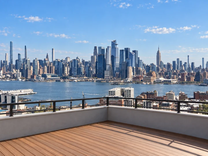 AI concept of an empty rooftop deck with a low parapet, black railing and an approximate Manhattan outlook